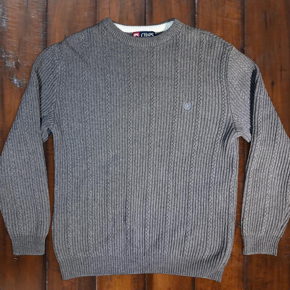 Chaps Gray Cotton Rib Knit Crewneck Sweater Men's Small Classic Preppy